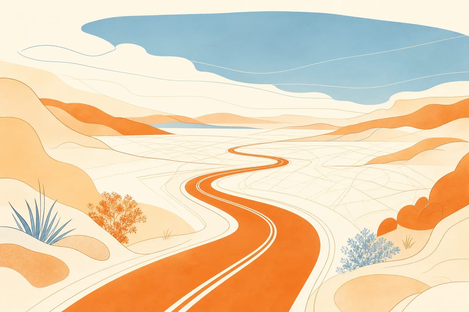 A warm, high-key illustration of a winding road through open western landscape